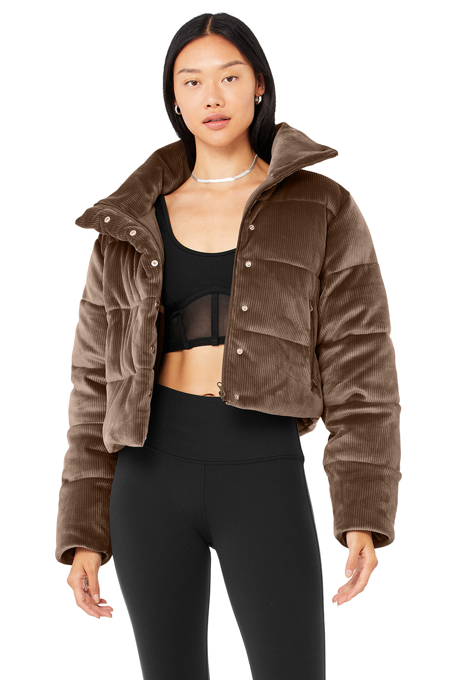 Ribbed Velour Gold Rush Puffer Jacket in Hot Cocoa by Alo Yoga
