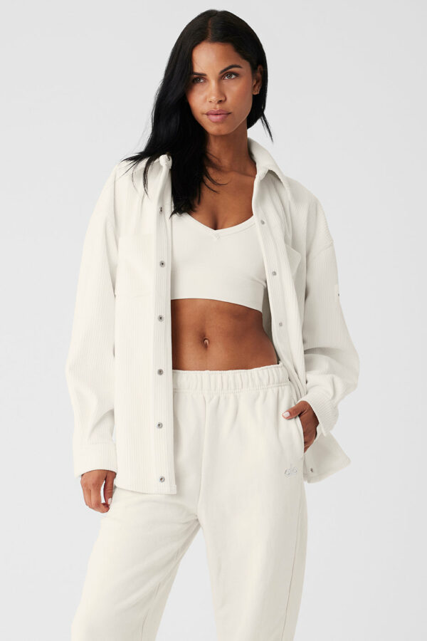 Alo Yoga® | Ribbed Velour Mountain Side Shacket Jacket in Ivory White