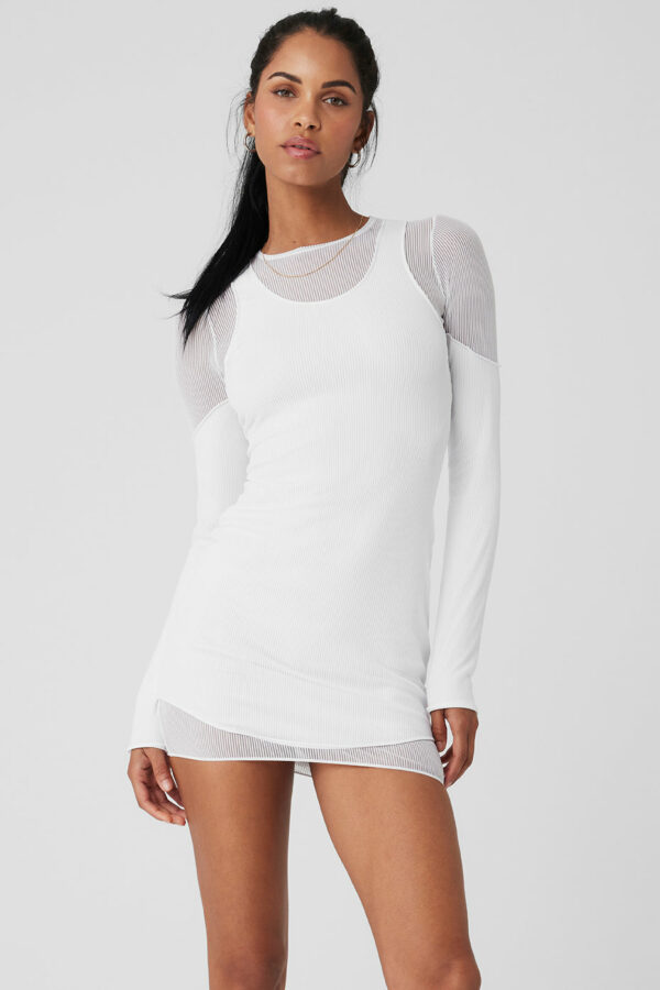 Alo Yoga® | Striped Mesh Synergy Long Sleeve Dress in White